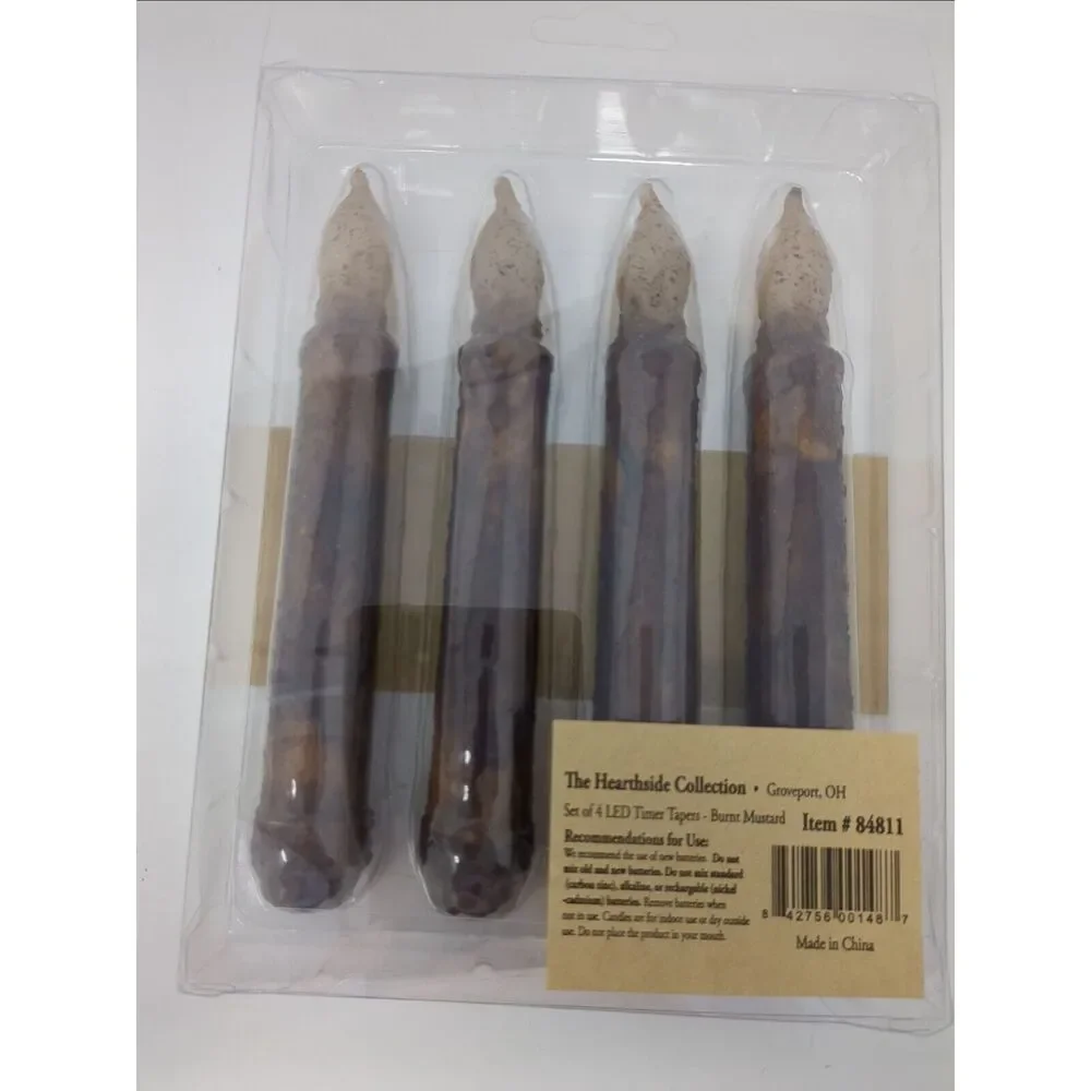 LED Burnt Mustard Battery Operated TIMER Taper 6 inch Candles Boxed‎ Set of 4